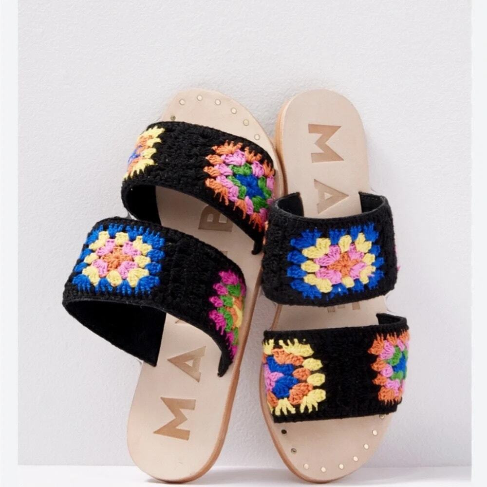 Manebi Cotton Crochet Two Strap Flat Sandals Yucatan Black Sunset Orange 38